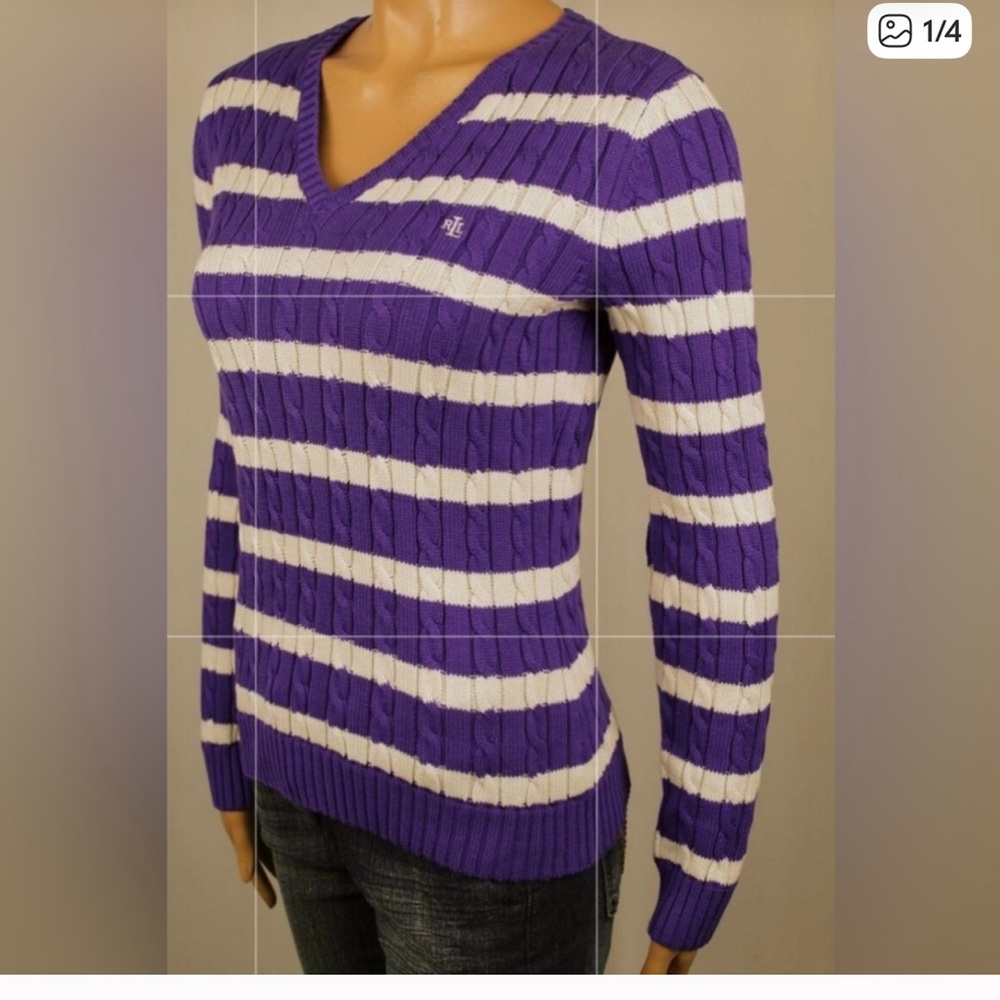 Lauren Ralph Lauren V-Neck Sweater in Purple and Cream